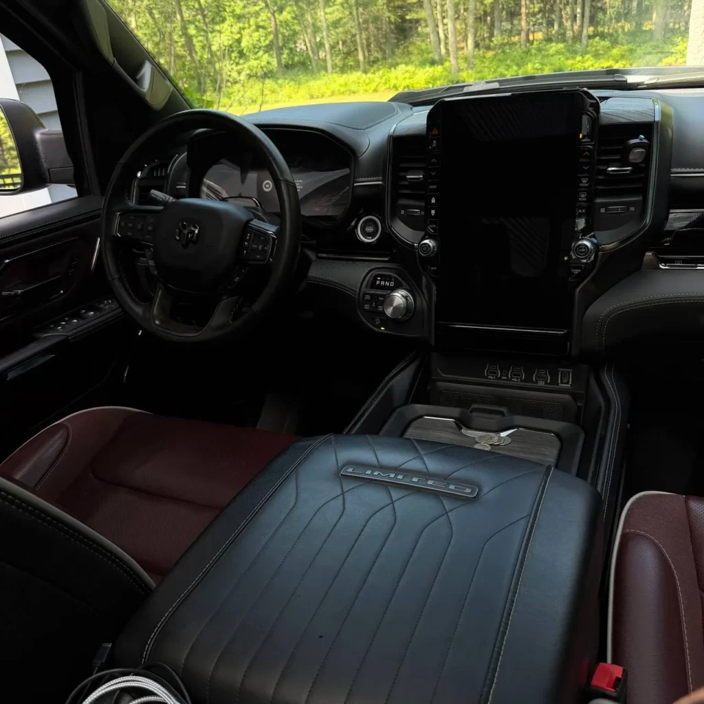 Ram 1500 Limited rear burgundy leather seats fully detailed by Deelway Mobile Detailing Massachusetts